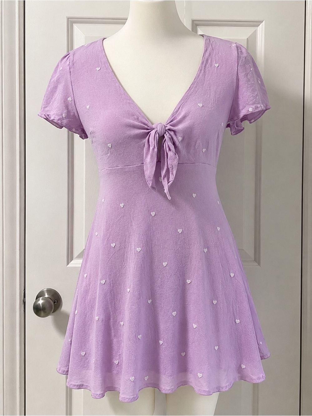 Forever 21 Lavender Purple Heart Mini Dress Woman’s Small S Tie Front Y2K